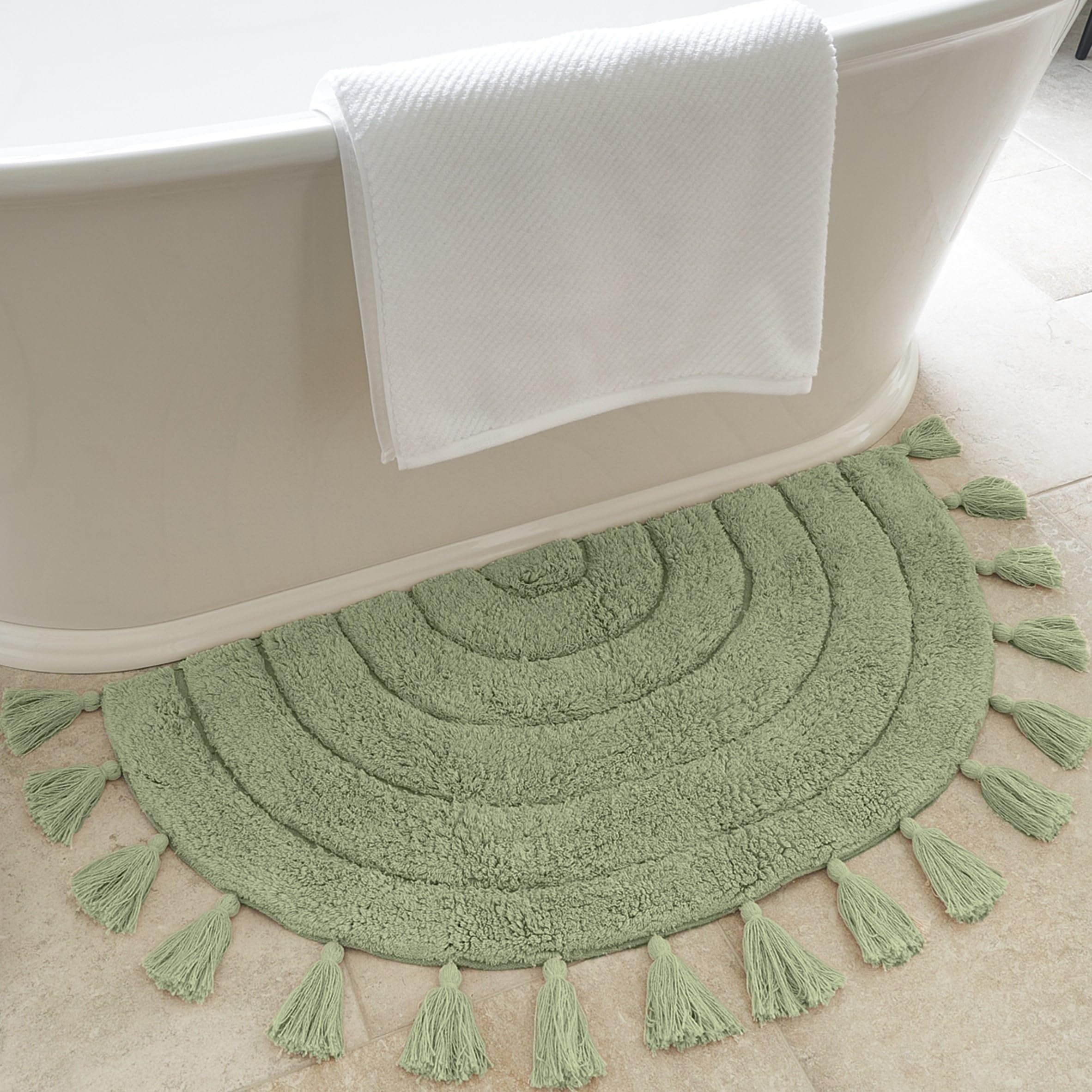 Photo 1 of *See live photos, looks more gray/green* Beautiful Boho Rug with Tassels for Your Bathroom - Soft Half Circle 100% Cotton Mat Fits Perfectly Into Your Home - A Cute, Non-Slip and Absorbent Crochet Rug Ideal to Enhance Any Bath/Bedroom Decor