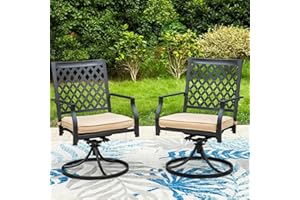 PHI VILLA Outdoor Metal Swivel Chairs Set of 2 Patio Dining Chair with Cushion Furniture Set for Garden Backyard Bistro, Small Grid, Black
