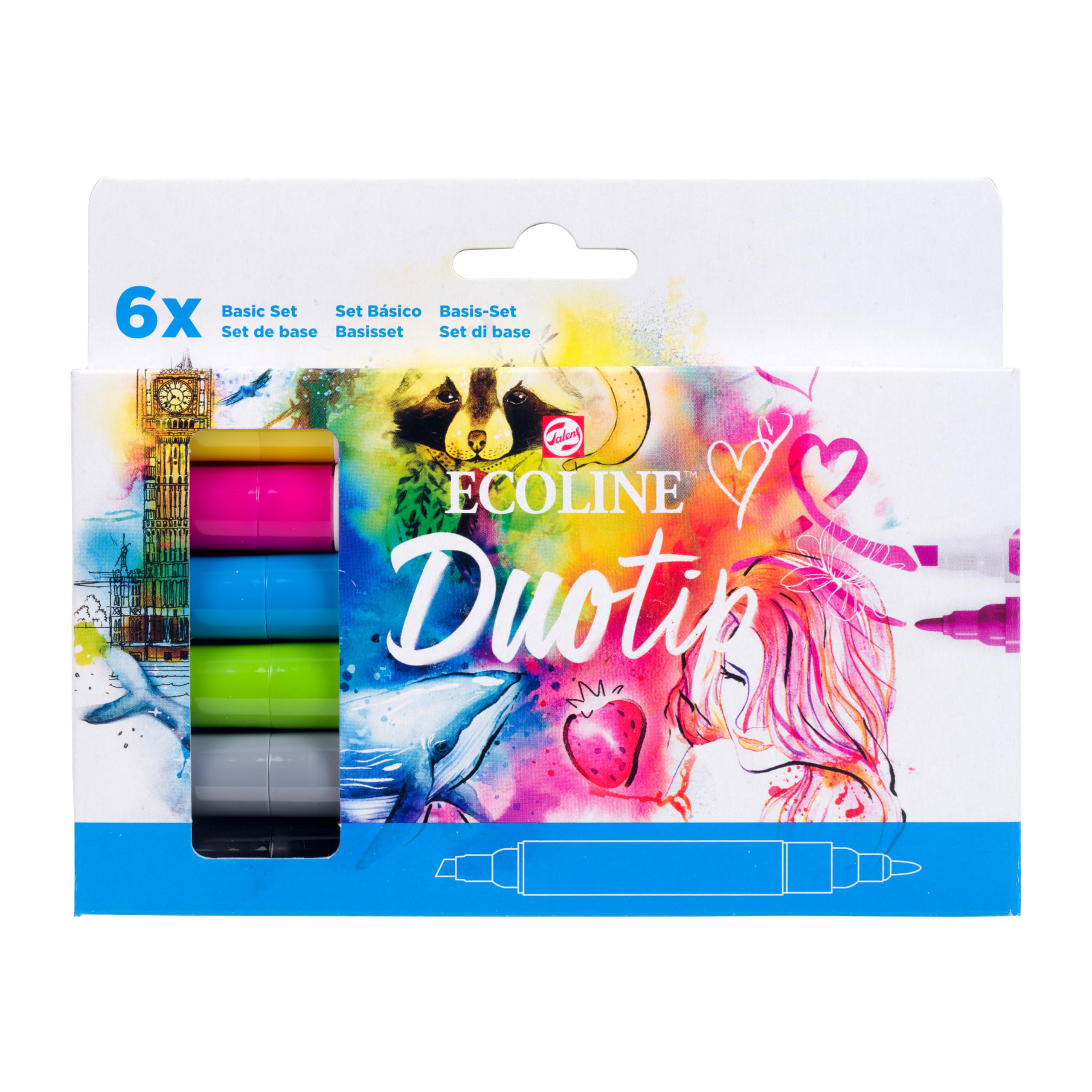 Ecoline Duotip Liquid Watercolor Markers Set of 6 – Basic Colors | Pens with Fine Bullet and Broad Chisel Nib