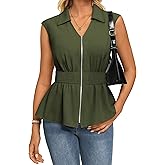 GRACE KARIN Womens Peplum Tops Business Casual,Dressy Work Blouses Short Sleeve,Zipper V Neck Shirts Cinched Smocked Waist