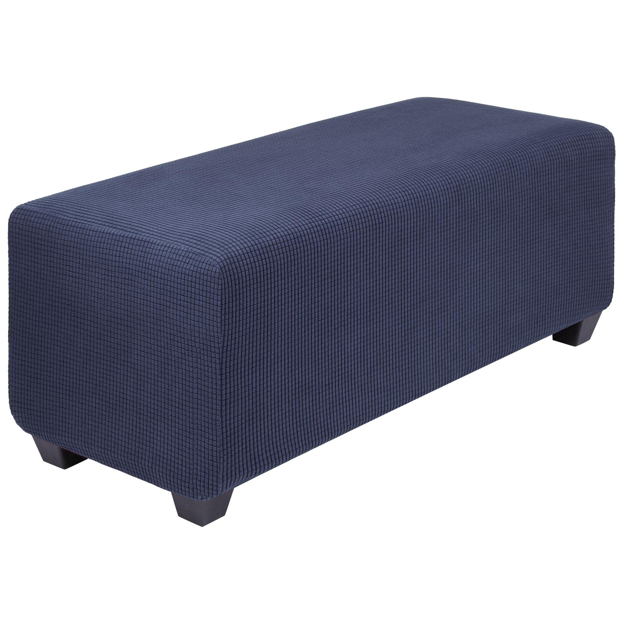 PiccoCasa High Stretch Ottoman Cover with Elastic Bottom, Soft Slipcover Jacquard Fabric Small Checks Rectangle Storage Stool Cover Furniture Covers Navy Blue Large