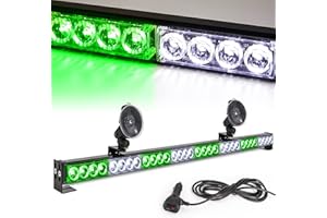 LE-JX White/Green Emergency Strobe Light Bar 36 in 13 Flash Patterns Traffic Advisor Warning Hazard Windshield Safety Lights Bar with Cigar Lighter for Vehicles, Truck (35.5 Inch, White/Green 32 Led)