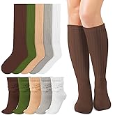 Queenshin 5 Pairs Slouch Socks for Women, Long Knee High, Chunky Knit Boot Socks, Slouchy Scrunch Athletic Scrunchie