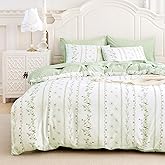Wake In Cloud - Shabby Chic Comforter Set, Cottagecore Floral Romantic Charming Style with Botanical Stripe Pattern, Soft Lightweight Bedding, 3 Pieces, Green White, Twin/Twin XL Size