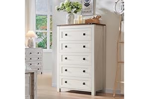 T4TREAM Farmhouse 5 Drawers Dresser Chests for Bedroom, Wood Rustic Tall Chest of Drawers, Dressers Organizer for Bedroom, Living Room, Hallway, Antique White