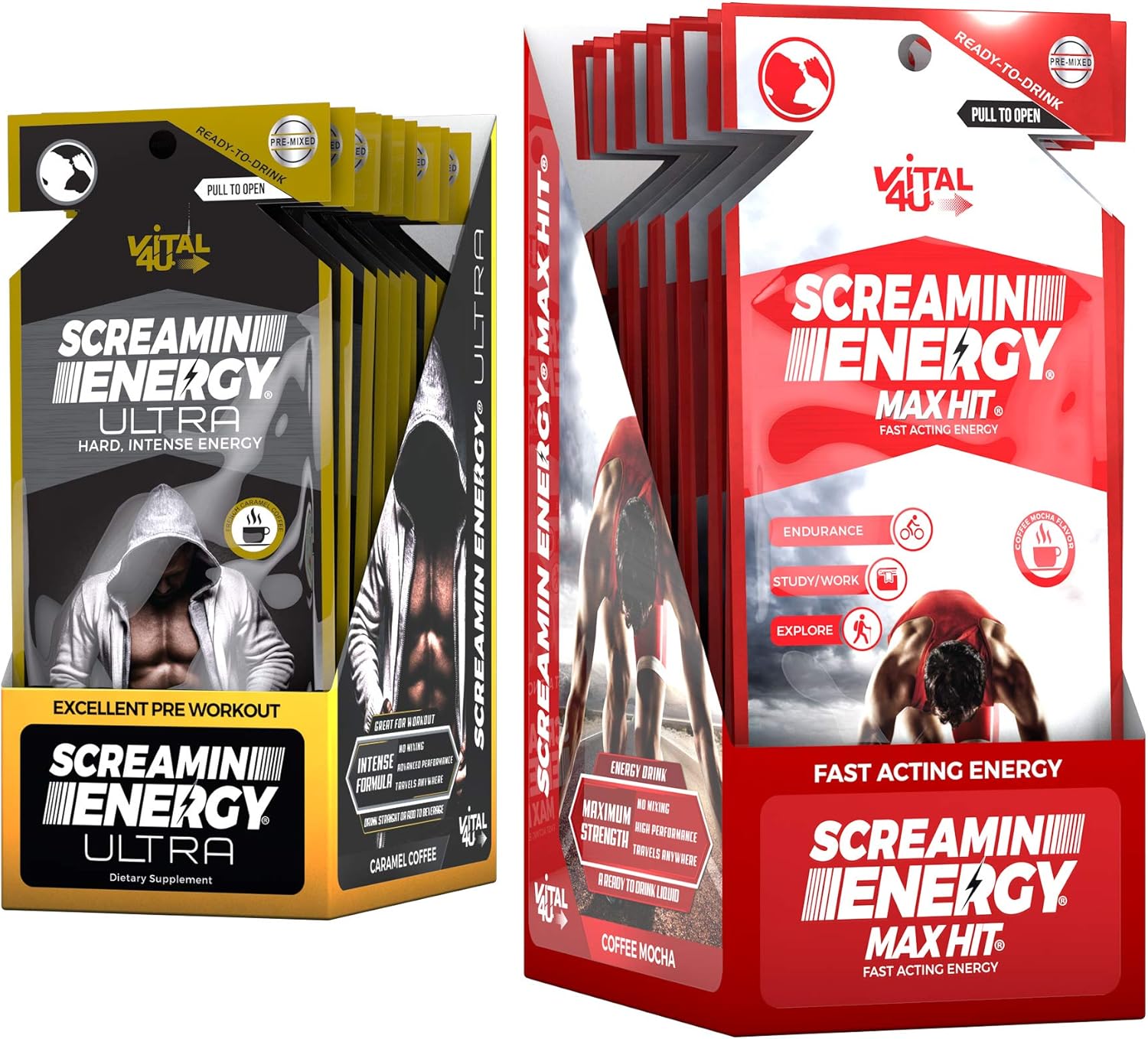Screamin Energy Max Hit/Ultra Combo Pack - Energy Shots for Endurance and Performance with Caffeine, Panax Ginseng Extract, and Vitamins - 24 Count: Health & Personal Care