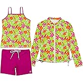 SwimZip Girls' 3 Pc Swim Set w/Long Sleeve Rash Guard, Tankini & Shorts UPF 50+