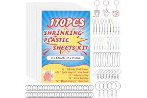 yyoemas 170 PCS Shrinky Dink Keychain Kit,Shrinky Dink Kit with 15 Shrinky Dink Sheets,Ear Hook,Bead Chain,Corn Buttons,Lobster Clasp,Split Ring and Keychains for Crafts Jewelry Making DIY,20x14.5cm