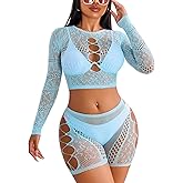 Avidlove Fishnet Lingerie Sets for Women Sexy Two Piece Rave Outfits Mesh Bodysuit Clubwear