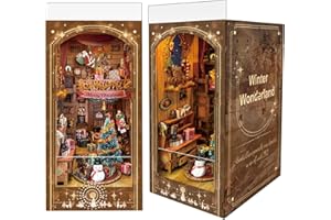 LUUWIK Book Nook, Christmas Cottage 3D Wooden Puzzle with LED Lights, DIY Festive Holiday Bookend Decor, Cozy Winter Scene with Christmas Tree, Wreath, and Snowman, for Teens and Adults