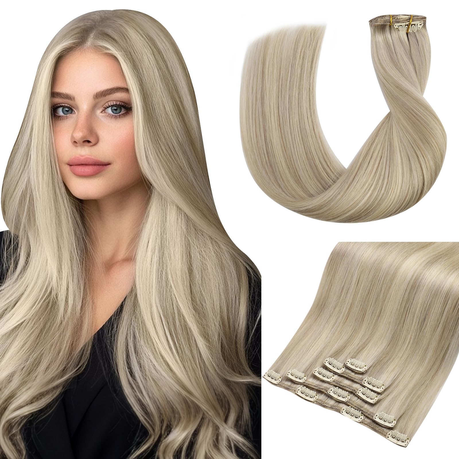 Vivien Real Hair Extensions Clip in Human Hair Blonde 10 Inch Invisible Clip in Extensions Medium Blonde with Light Short for Women 80g 5Pcs #16/22