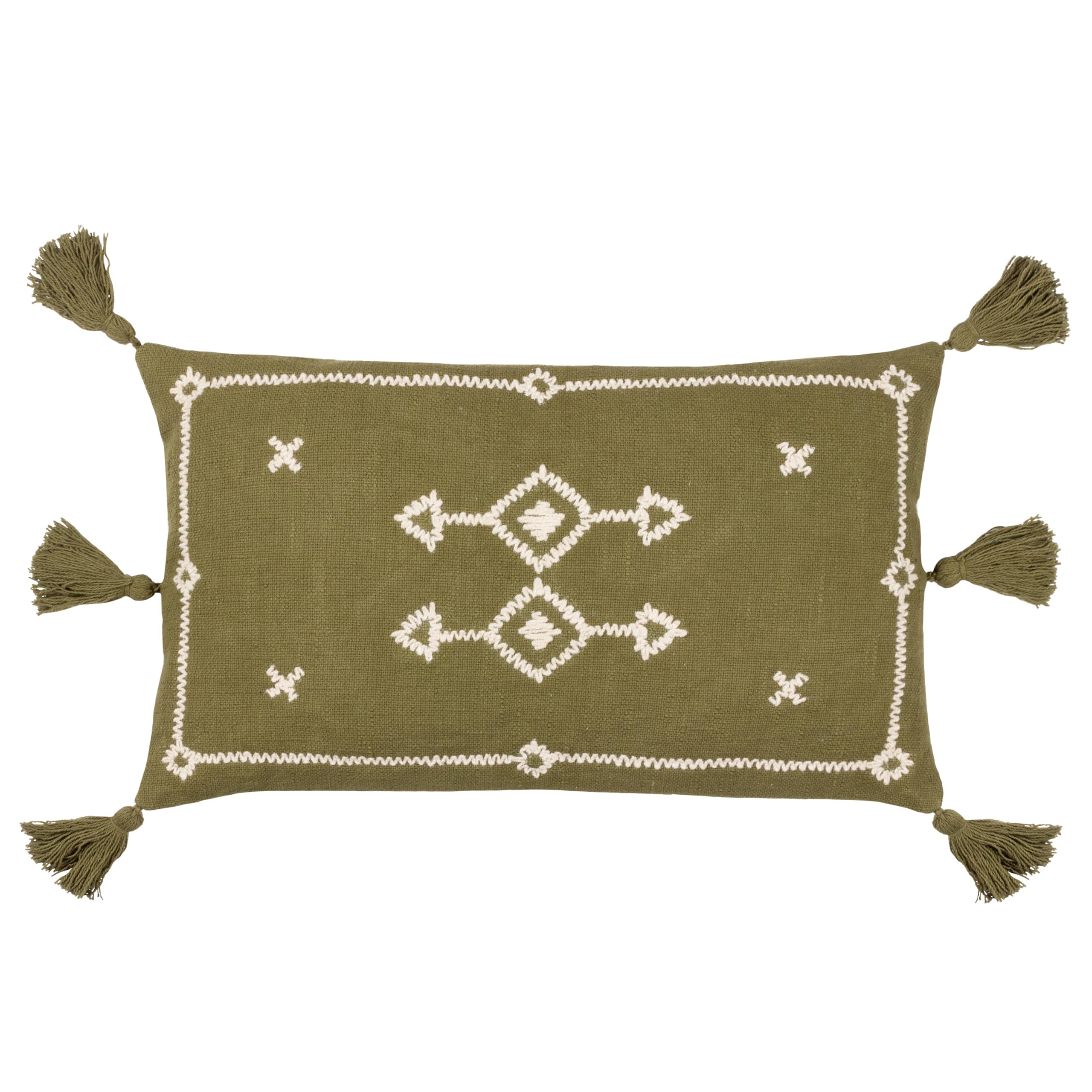Furn Yard Folis Embroidered Cushion Cover – Global Geometric Embroidered Cotton Tasselled Edges Hidden Zip (Khaki – 50 x 30 cm)