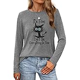 Long Sleeve T Shirts for Women Cute Cat Graphic Tees I‘m Fine Everything is Fine Tops Fall Crewneck Blouse Casual Outfits