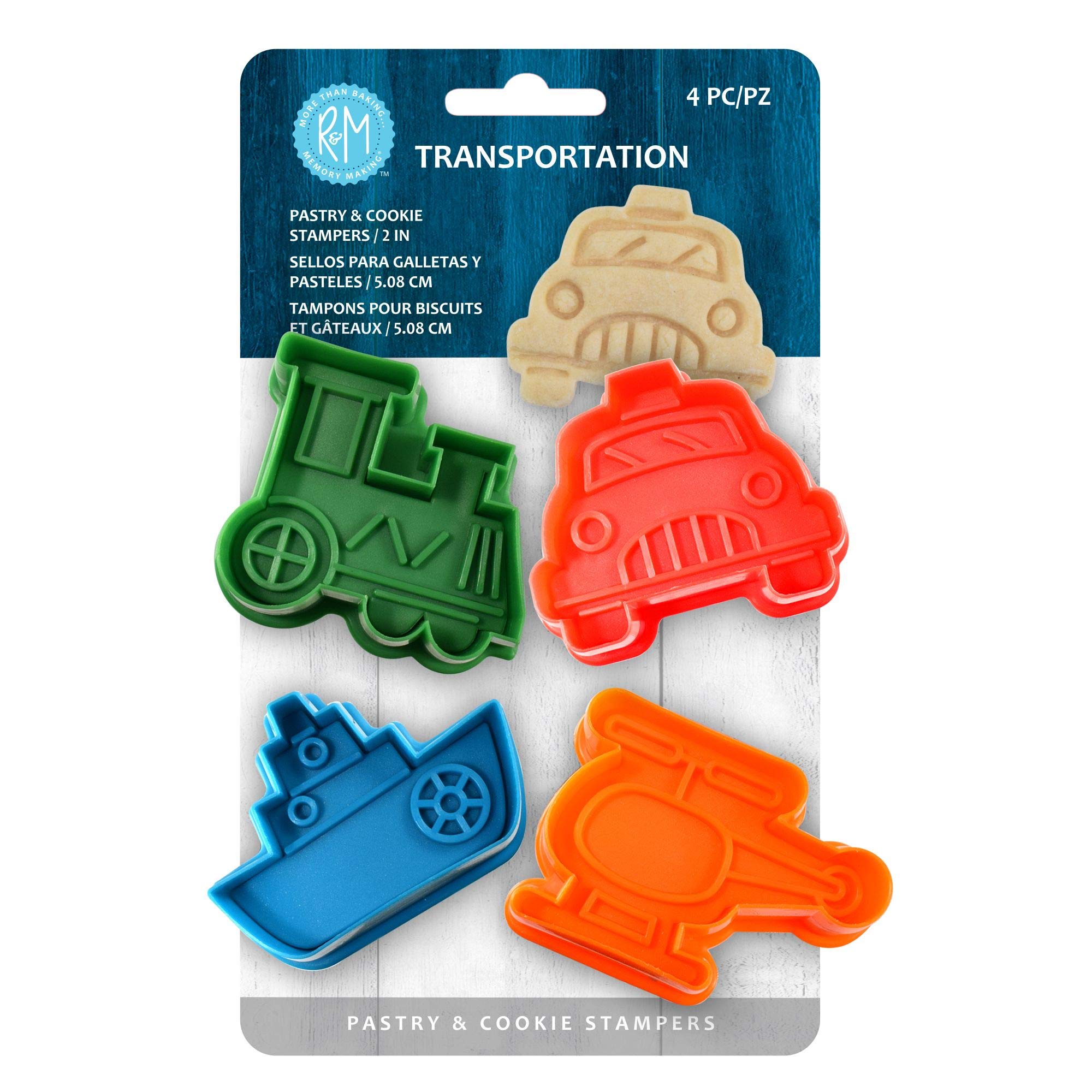 R&M International 0491 Transportation 2" Pastry/Cookie/Fondant Stampers, Boat, Helicopter, Train, Car, 4-Piece Set