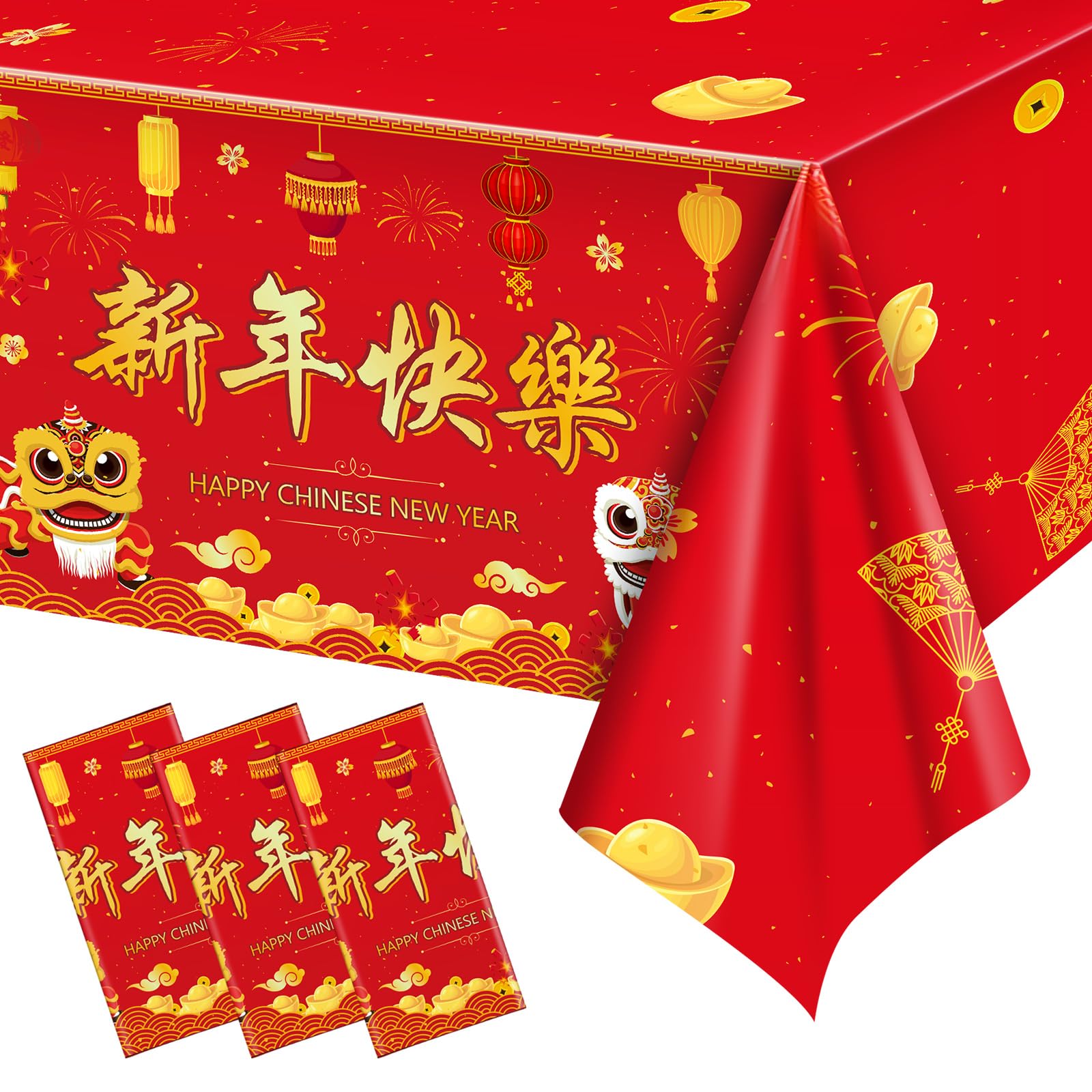 Photo 1 of WovWeave 3 Pcs Chinese New Year Decorations Table Cover 2026 Lunar New Year Plastic Tablecloth Rectangle Disposable Tablecloths for 2026 Chinese Horse Spring Festival Party Supplies