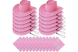 12 Pieces Western Cowboy Hat with Bandanna Cowboy Party Hats Bandannas Pack Halloween Cowboy Costume Birthday Party (Pink)