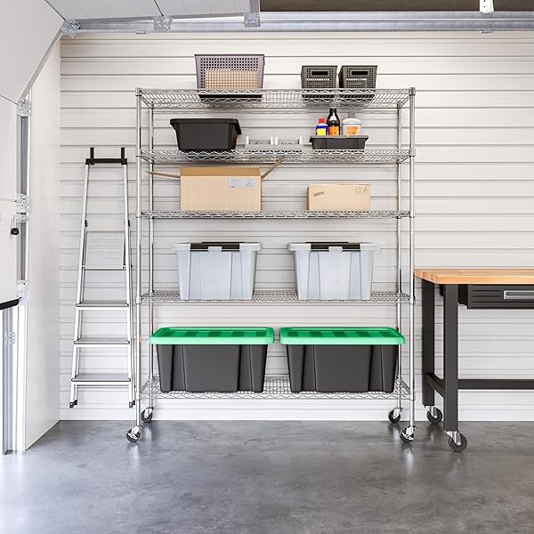 SEVILLE CLASSICS ULTRADURABLE HEAVY DUTY NSF SOLID STEEL WIRE RACK STORAGE UNIT ORGANIZER FOR GARAGE, WAREHOUSE, OFFICE, RESTAURANT, CLASSROOM, KITCHEN, 5-TIER SHELVING, 60″ W X 18″ D