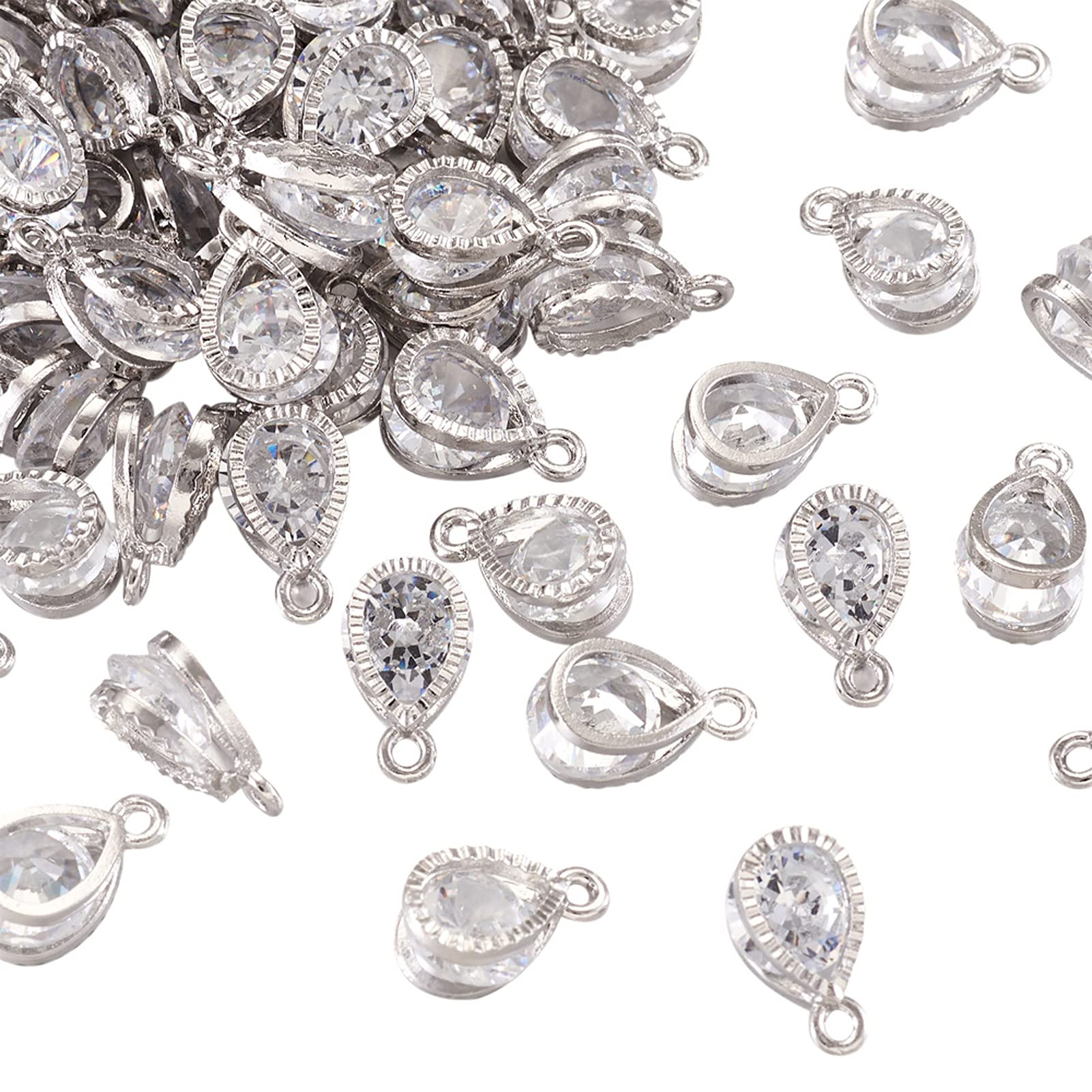 Craftdady 100pcs Cubic Zirconia Wedding Bridal Drop Earrings Charm Pendants Clear CZ Crystal Jewelry Charm with Platinum Color Metal Frame for Bracelet Necklace Making