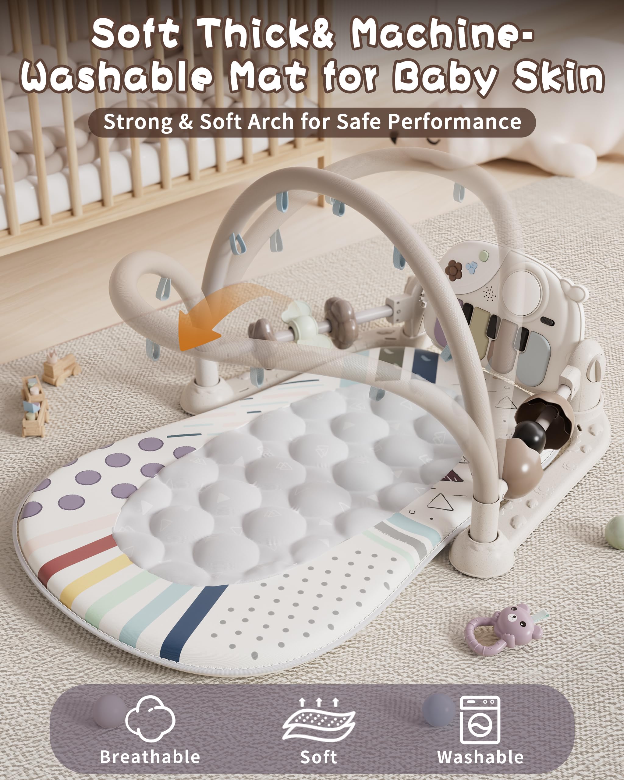 Baby Gym with Kick and Play Piano, Baby Play Mat Tummy Time Activity Gym Mat with 5 Infant Sensory, Music & Lights Boy or Girl for Newborn 0 to 3 6 9 12 Months