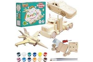 Kraftic Woodworking Building Kit for Kids and Adults, 3 Educational DIY Carpentry Construction Wood Model Kit Toy Projects for Boys and Girls - Build a Wooden Military Jet Race Car and Tractor Trailer