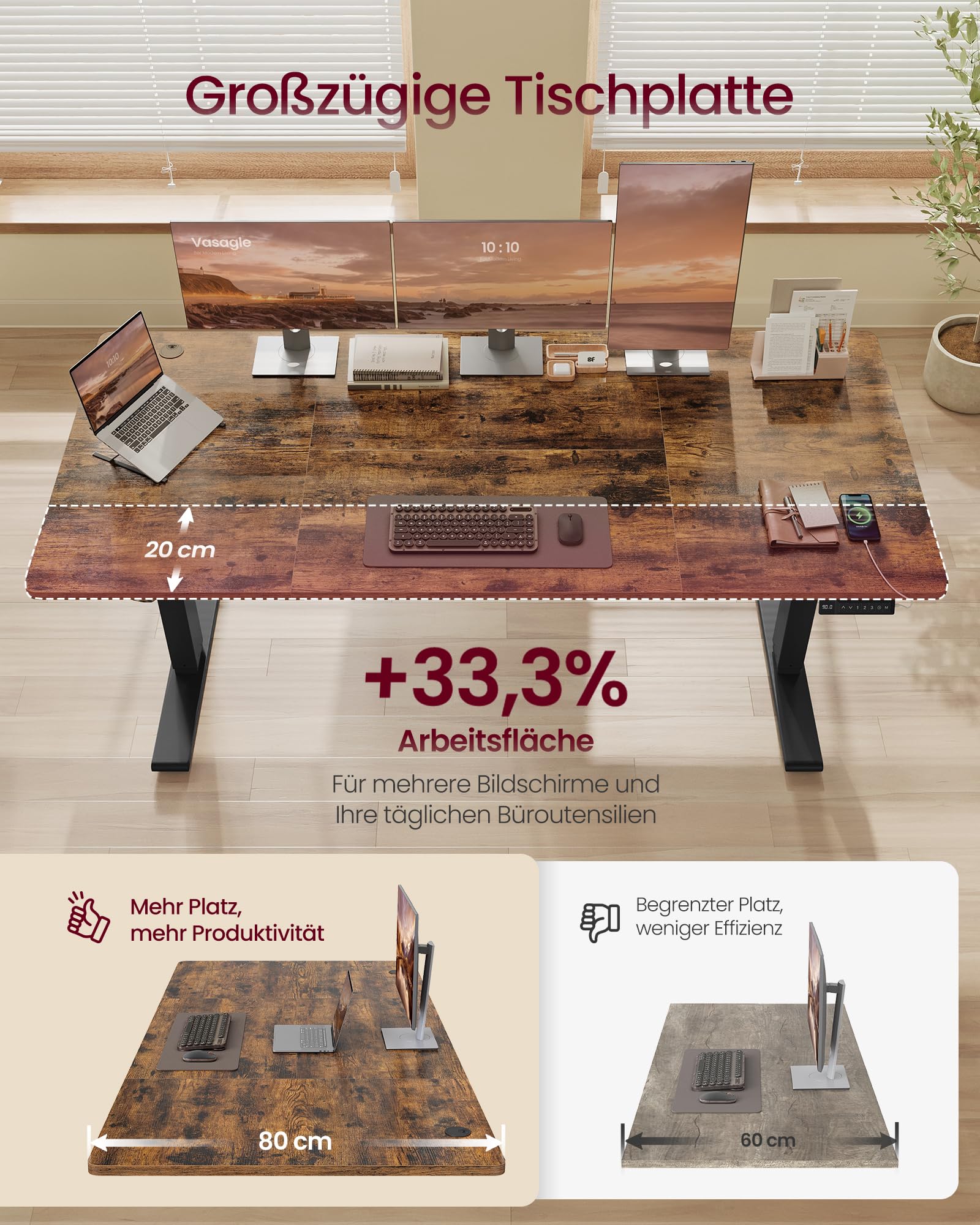 VASAGLE Höhenverstellbarer Schreibtisch, 180 x 80 cm, USB-C-Anschluss, Ablage für Steckdosenleiste, Stehtisch, Erinnerung bei langem Sitzen, 3 Speichertasten, für Büro, vintagebraun LSD148KD02 4