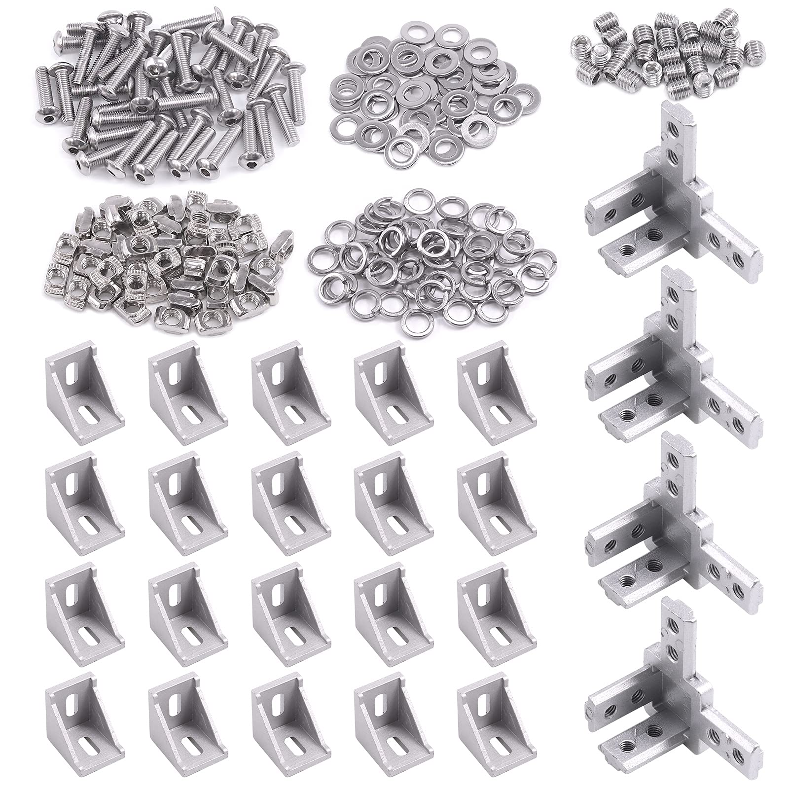 Glarks 216Pcs 3030 Series Aluminum Profile Connector Set Include 20Pcs 3030 Corner Bracket, 40Pcs M6 T Nuts, 4Pcs 3-Way End Corner Bracket Connector, M5 x 20 Button Head Screw Bolts and Flat Washers