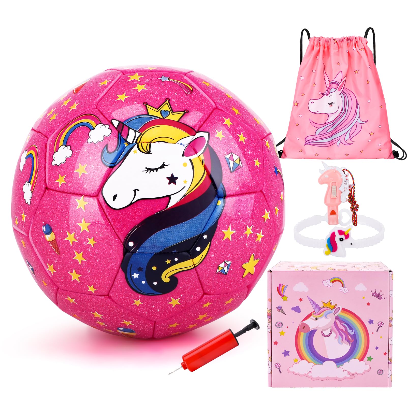 TCJJ Football Kids Size 3-Set With Pump And Drawstring Bag, Glitter Unicorn Football for Toddlers Girls Boys 3-12 Years,Footballs Gifts for Girls for Christmas And Easter、Birthday