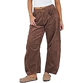 SeekMe Women's Corduroy Pants Barrel Mid-Rise Elastic Waist Cord Pants Casual Wide Leg Baggy Trouser with Pockets