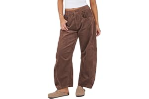 SeekMe Women's Corduroy Pants Barrel Mid-Rise Elastic Waist Cord Pants Casual Wide Leg Baggy Trouser with Pockets