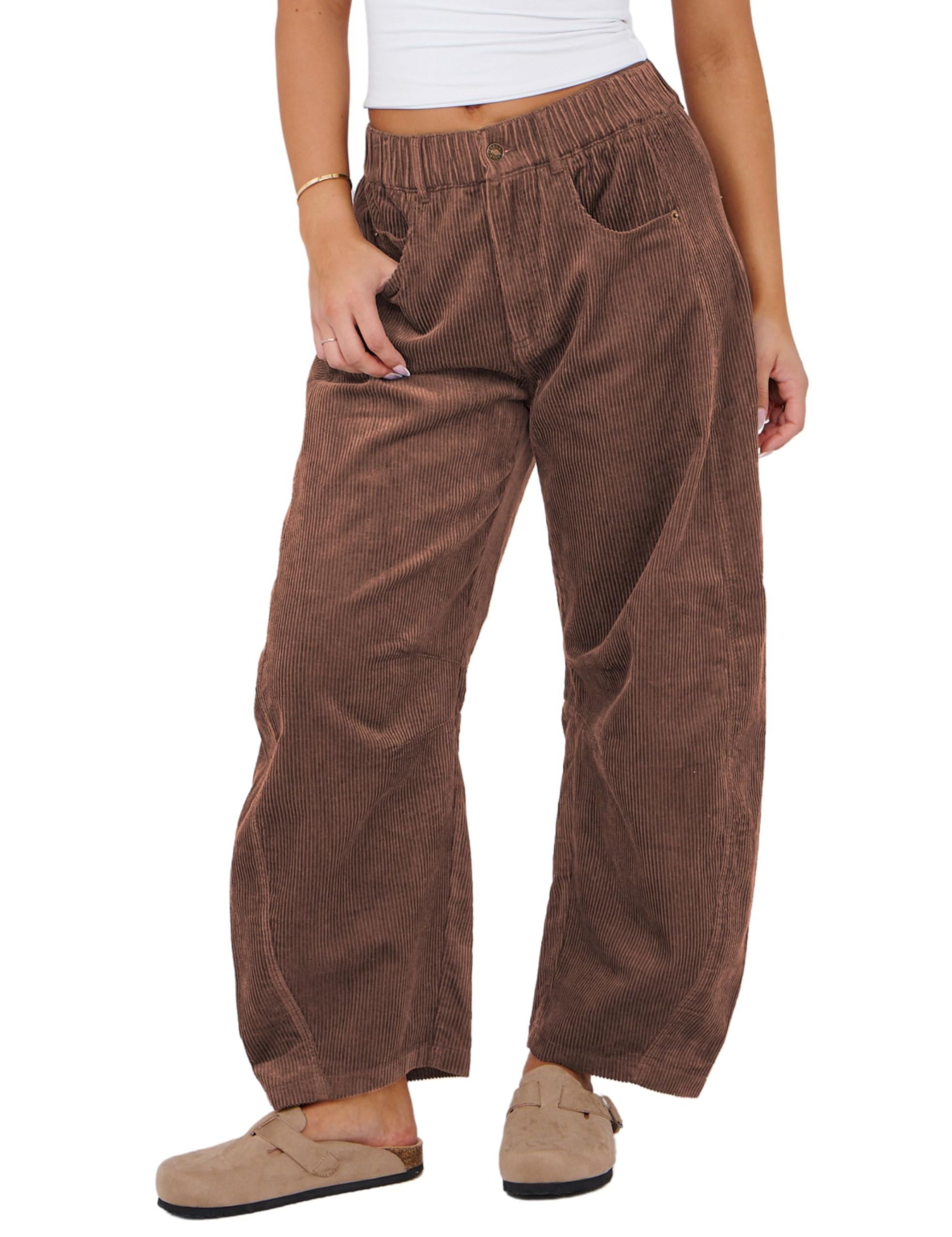 Photo 1 of SeekMe Women's Corduroy Pants Barrel Mid-Rise Elastic Waist Cord Pants Casual Wide Leg Baggy Trouser with Pockets(0005-Brown-L)