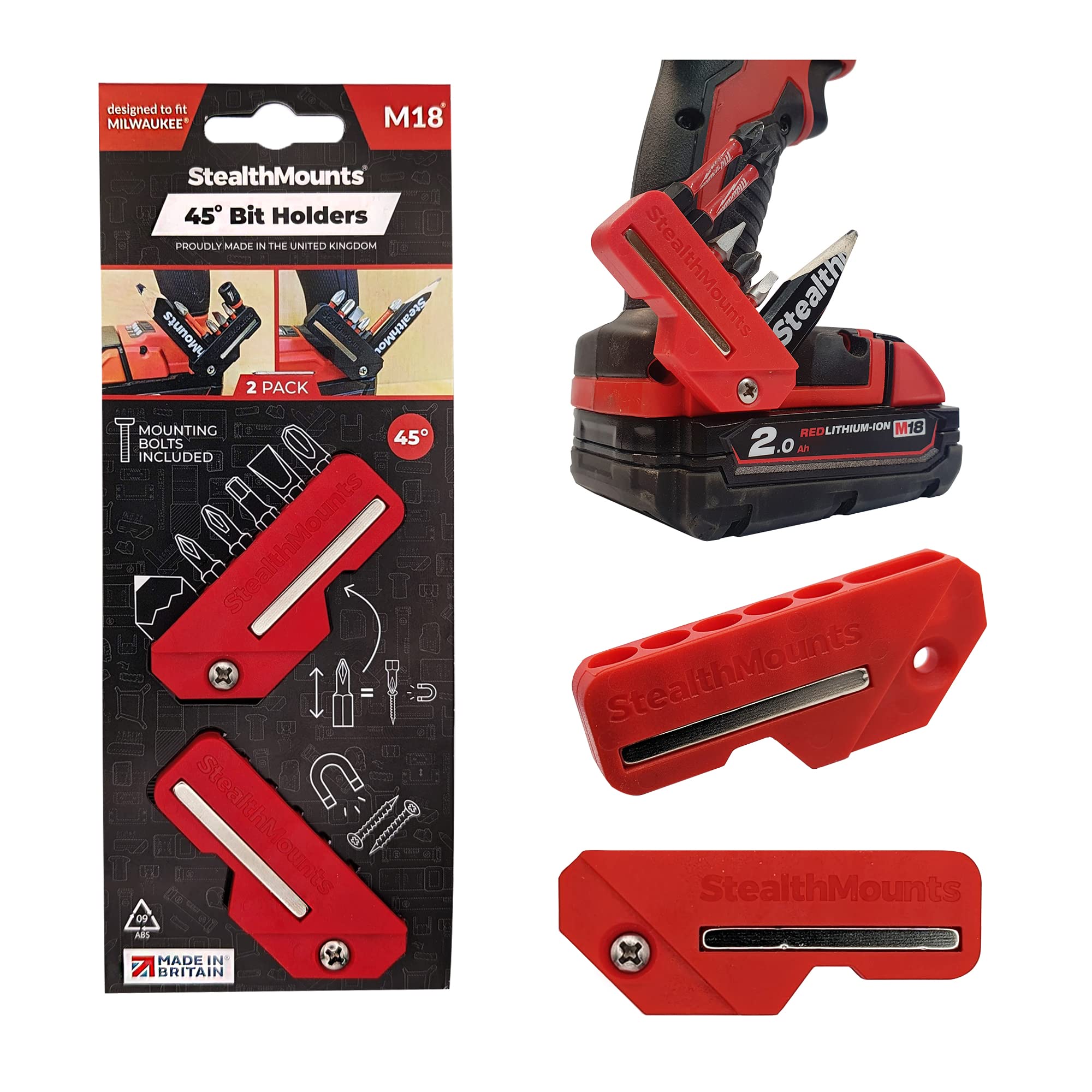 StealthMounts 45° Magnetic Bit Holders Red Magnetic Compatible with Milwaukee M18-2 Pack | Drill Bit Organiser | Made in The UK
