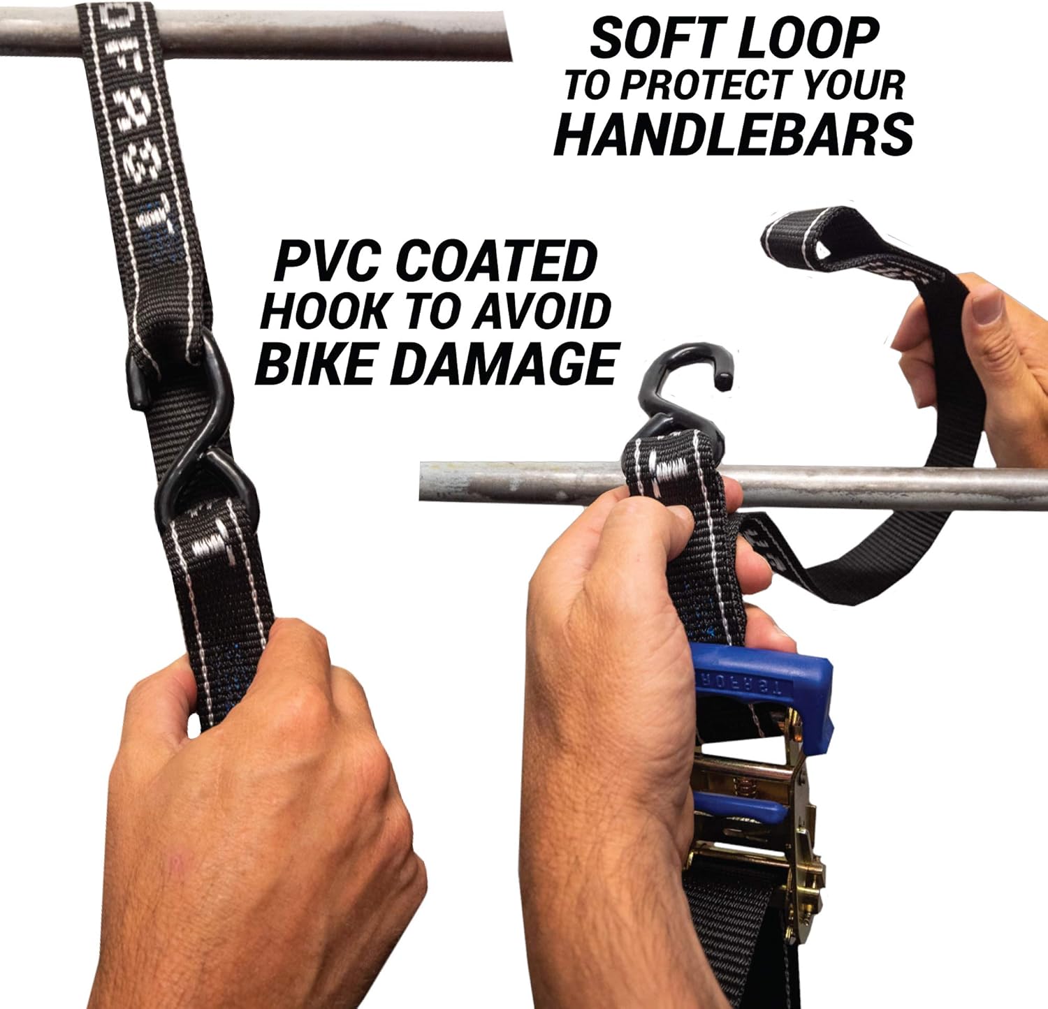 Aerofast Motorcycle Ratchet Strap Tie Down Kit 1.5" x 8" Heavy Duty Tiedown with Soft Loop & Safety Swivel Carabiner - Secure Motorbikes, Dirtbikes, ATV, UTV - 2,700lbs Break Strength - 2 Pack Black: Automotive