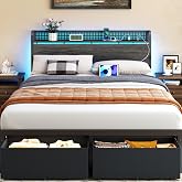 Furnulem Queen Bed Frame with Storage Headboard,Charging Station,2 Drawers | 2-Tier Wood Shelves,LED Lights,1200 Lbs Capacity,USB &amp; Type-C Ports,No Box Spring Needed,Noise Free,Easy Assembly,Rustic Grey