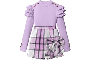 Tainmully Girls Clothes Ruffle Long Sleeve shirt Top and Bowtie Plaid Skort Set 2PCS Girls Fall Outfits 6-16 Years
