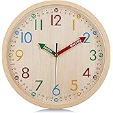 Lafocuse 12 Inch Silent Wood Grain Colorful Learning Clocks for Kids, Horloge Murale Enfant Decorative Wall Clocks for Kids B