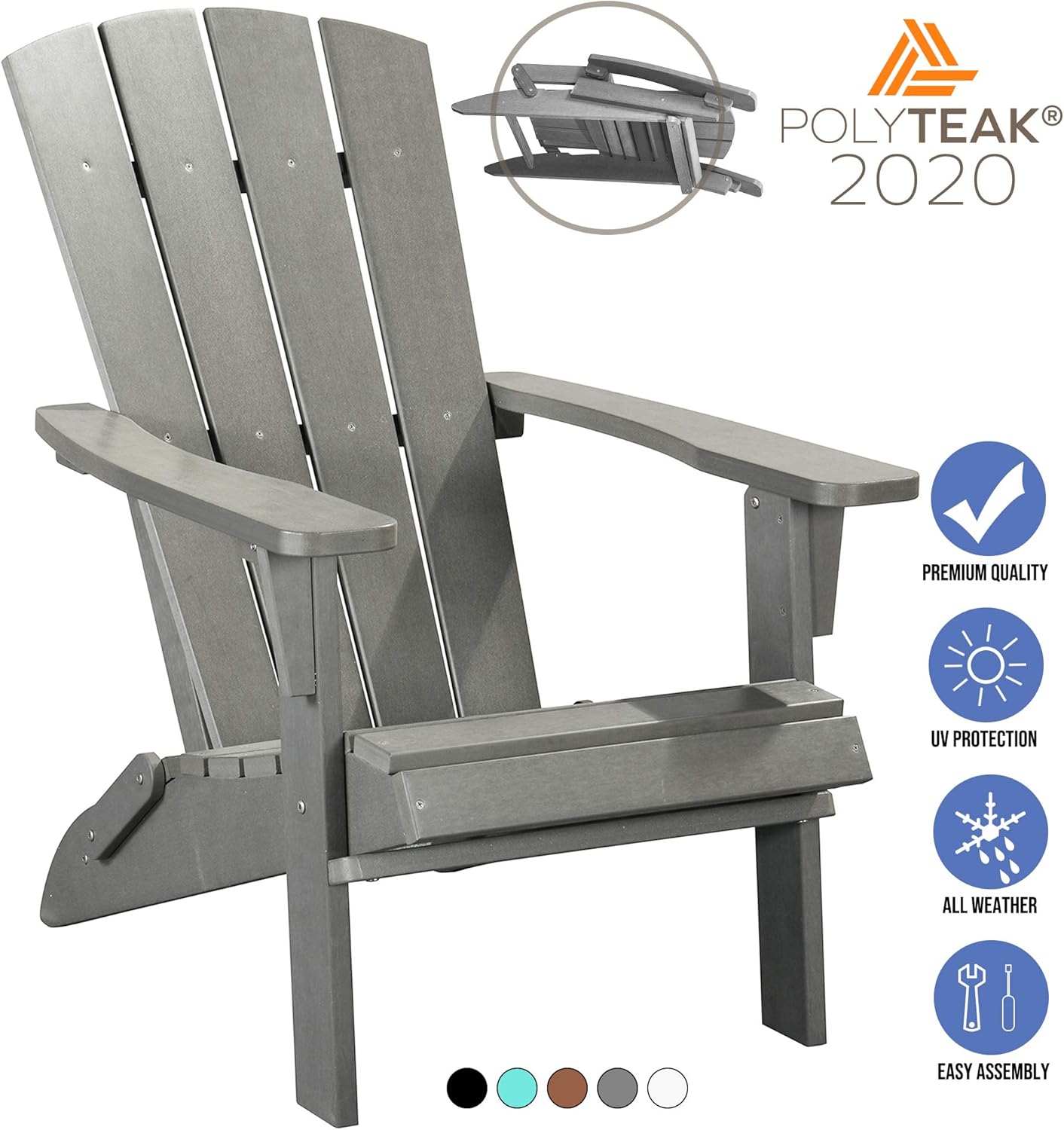 PolyTEAK Modern Oversized Folding Poly Adirondack Chair | Adult-Size, Weather Resistant, Made from Special Formulated Poly Lumber Plastic (Matte Gray): Kitchen & Dining