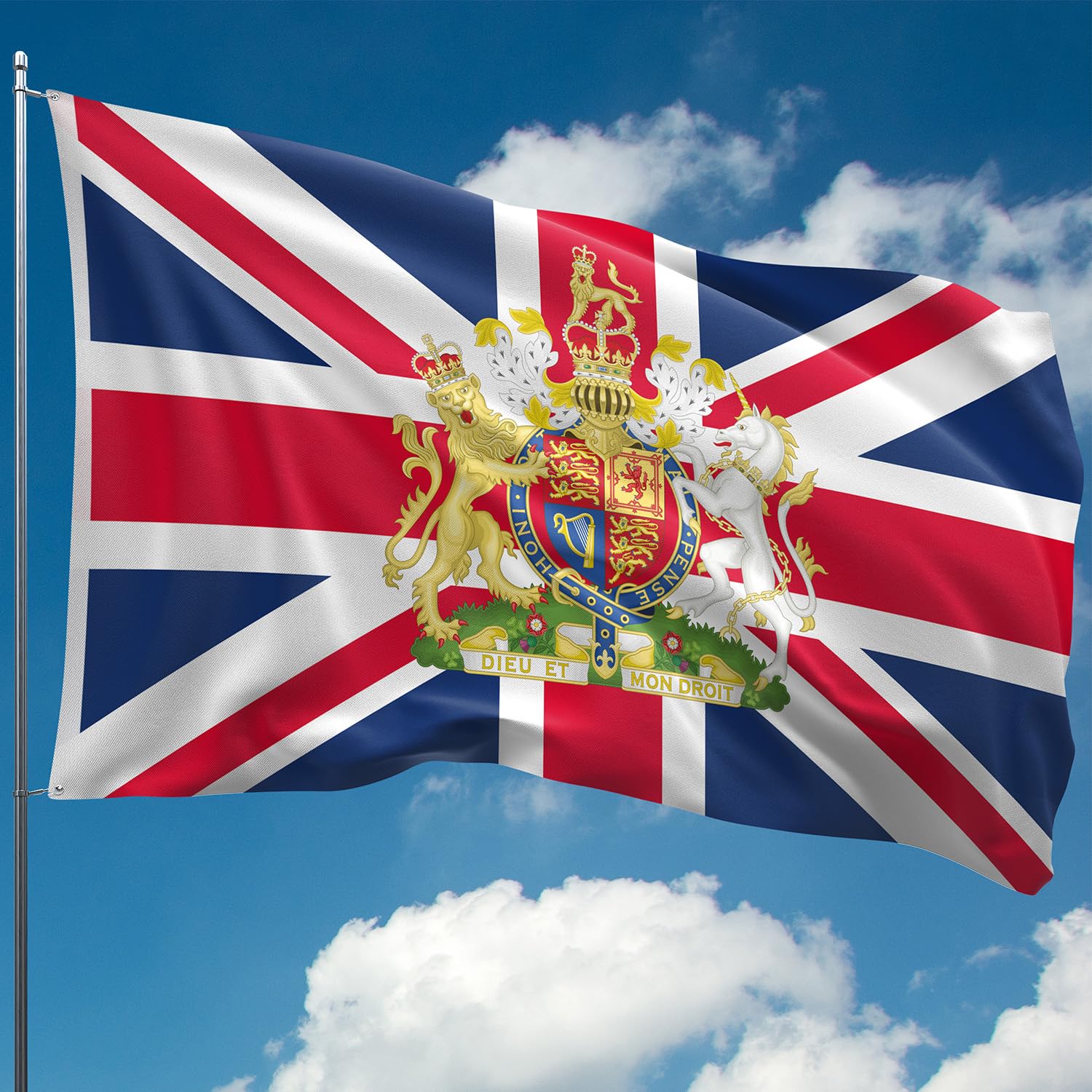 Union Jack - British UK Flag With Royal Coat of Arms - Double-Sided Digital Print, 110Den Thick Polyester, Double Seam, 2 Brass Eyelets, Large 5ft x 3ft
