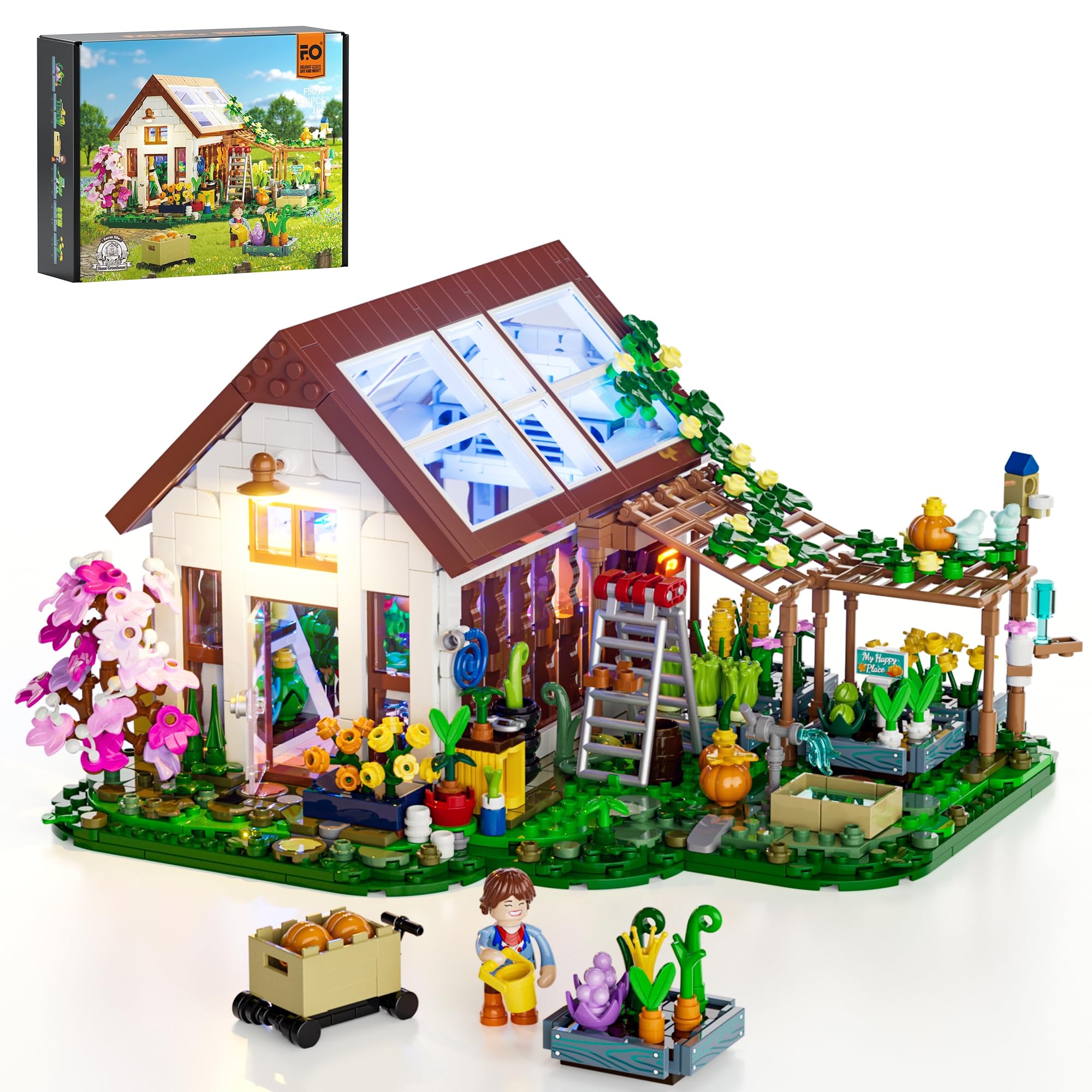 Photo 1 of FUNWHOLE Botanical-Garden Greenhouse Lighting Building-Bricks Set - Farm Flower House Collection LED Light Model Display Set 1428 Pcs for Adults and Teens