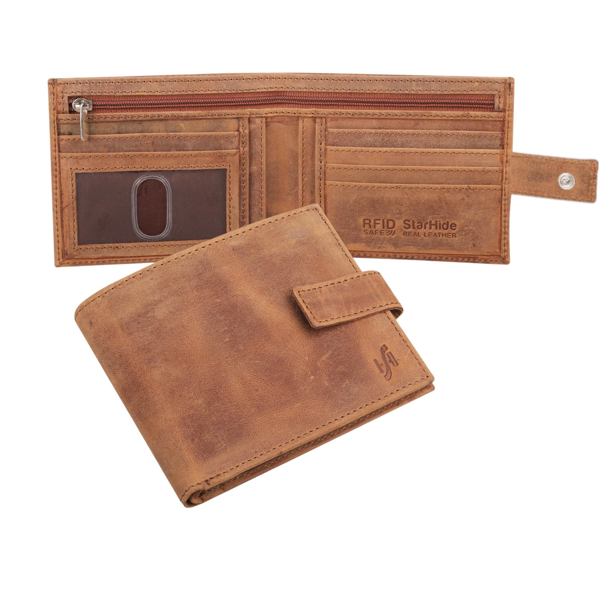 STARHIDE RFID Blocking Leather Wallet, Slim Bifold with ID Window, Multiple Card Slots, Zip Cash Pocket, Bifold Wallet with Strap Closure 715 (Brown)