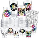 Boao 36 Sets 70s Disco Cups with Lids and Paper Straws 14 oz Disco Birthday Party Supplies Favors Disposable Clear Plastic Cups Bulk