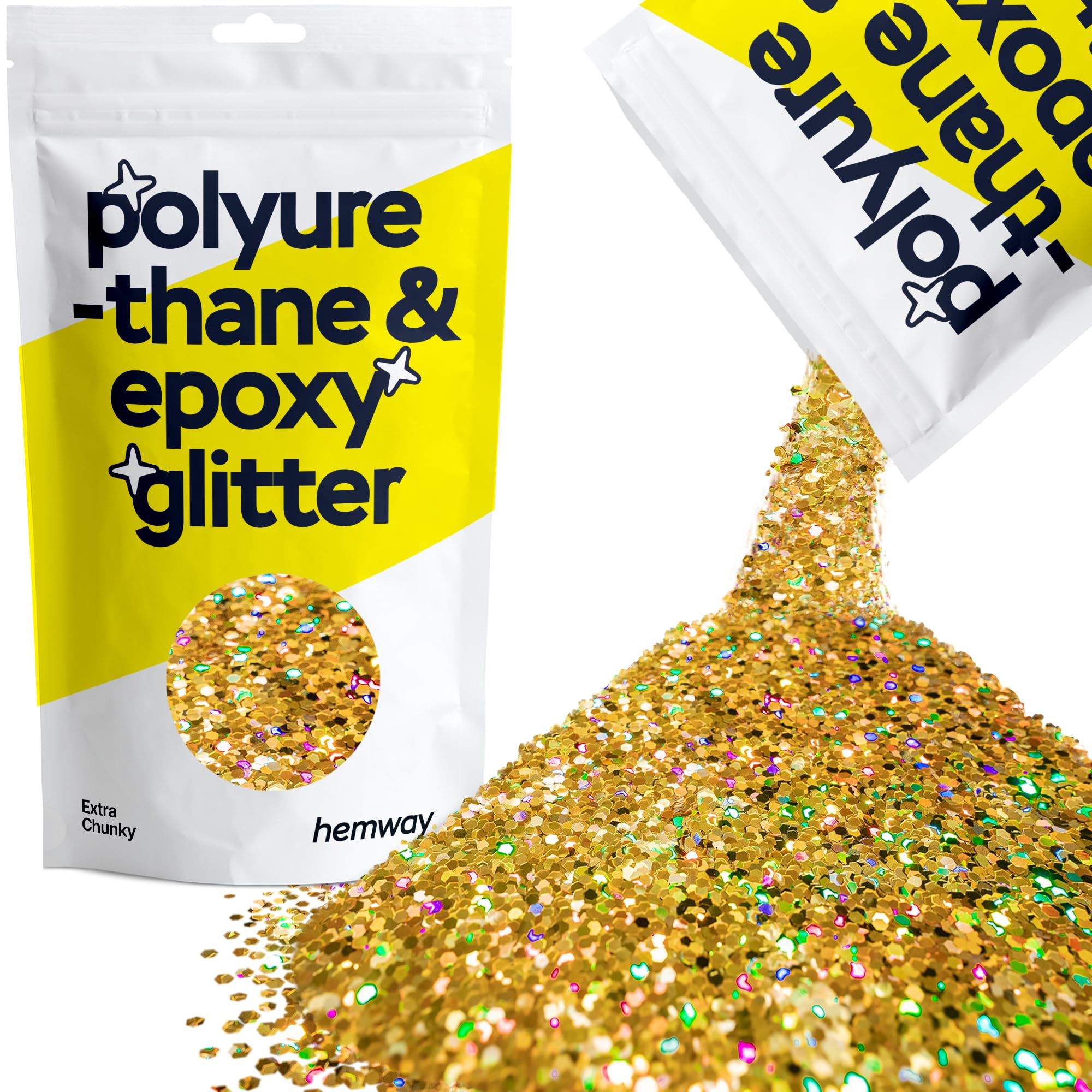 Hemway Resin Glitter Gold Holographic 100g Extra Chunky | Polyurethane & Epoxy Glitter for Resin Crafts, Tumblers, Coasters, Floor & Table Art