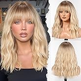 HAIRCUBE Long Wig with Bangs Synthetic Wavy Wigs for Women Blonde with Highlights Color