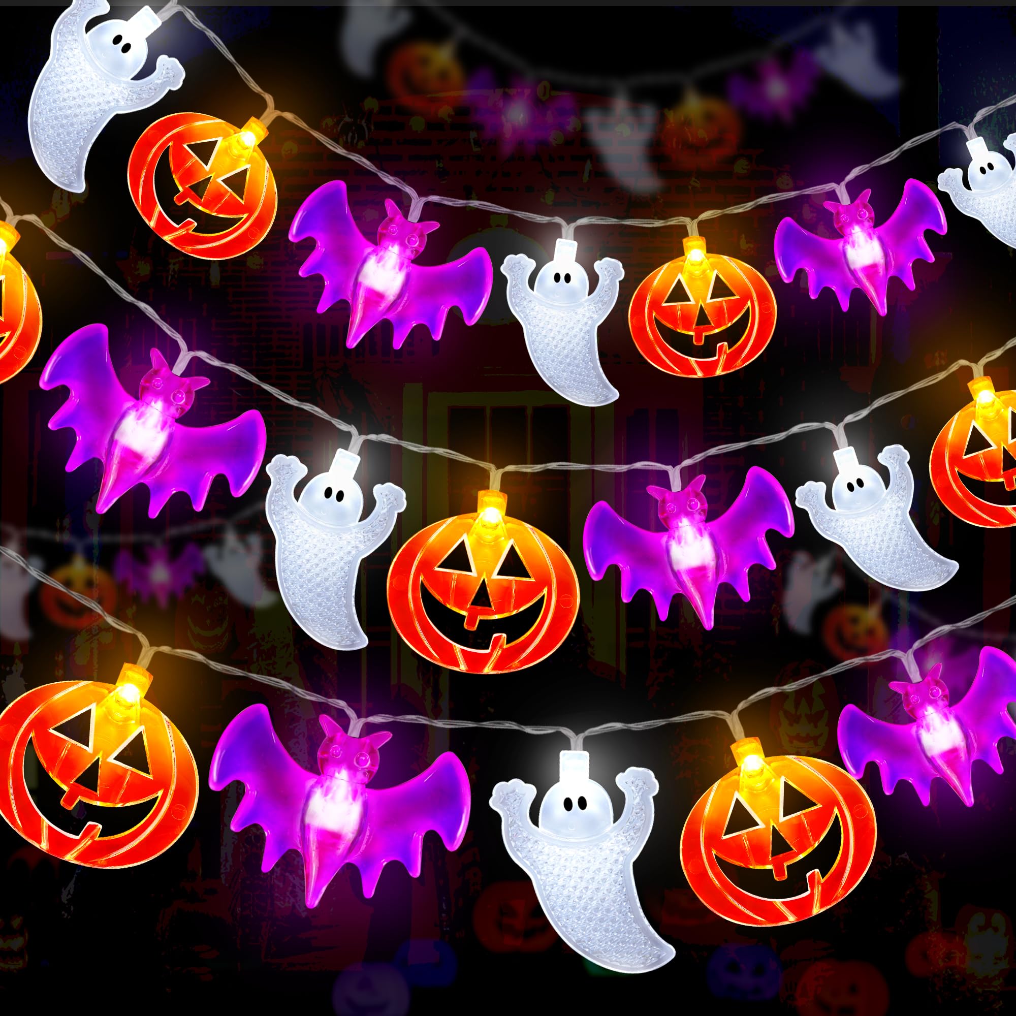 Photo 1 of 2 Pack Halloween Lights Indoor Outdoor Decorations Total 40FT 60 LED Pumpkin Bat Ghost Halloween String Lights Battery Operated, 8 Modes Waterproof Spooky Fairy Lights Home Yard Window Outside Decor