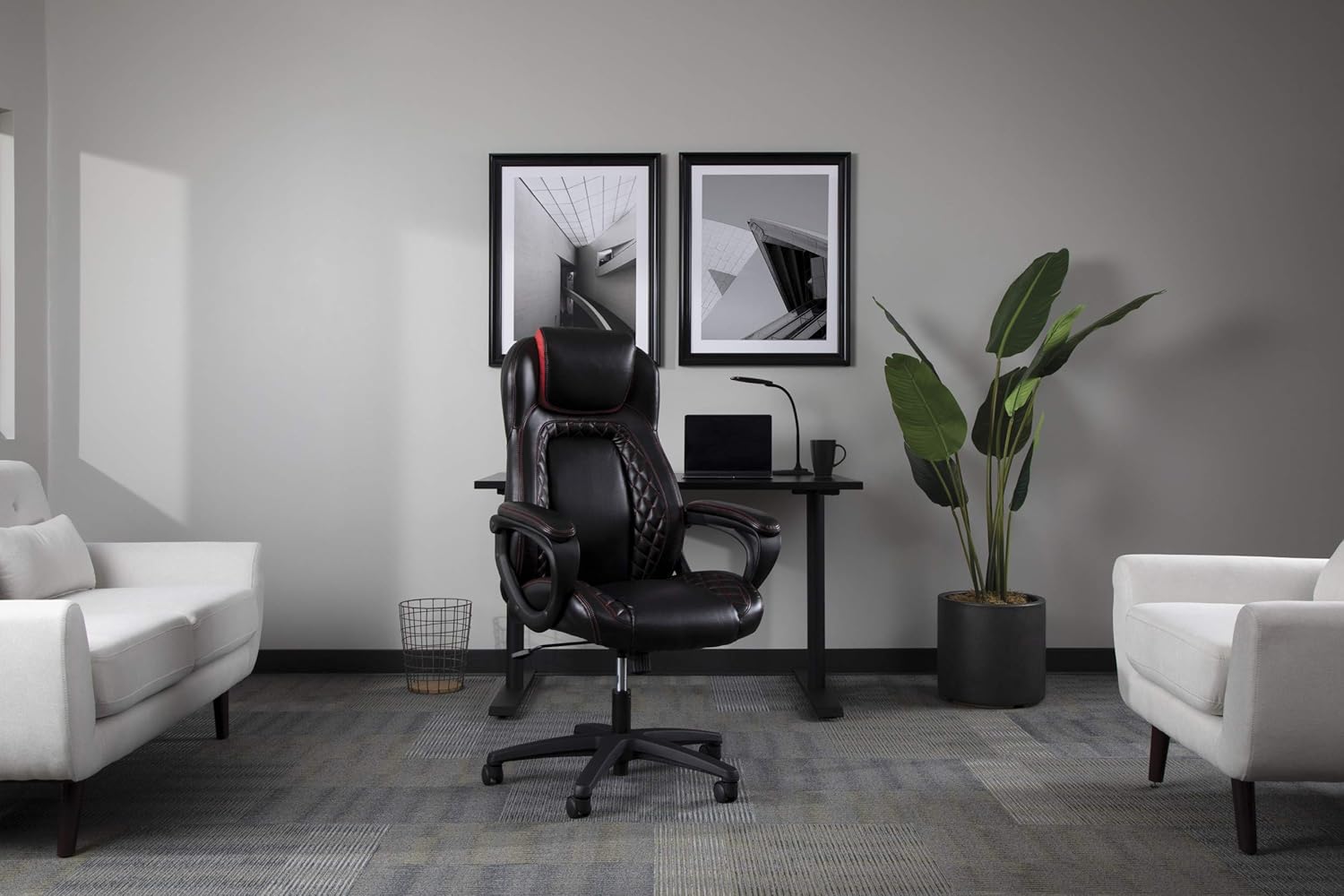 OFM Essentials Collection Racing Style SofThread Leather High Back Office Chair, in Red: Furniture & Decor