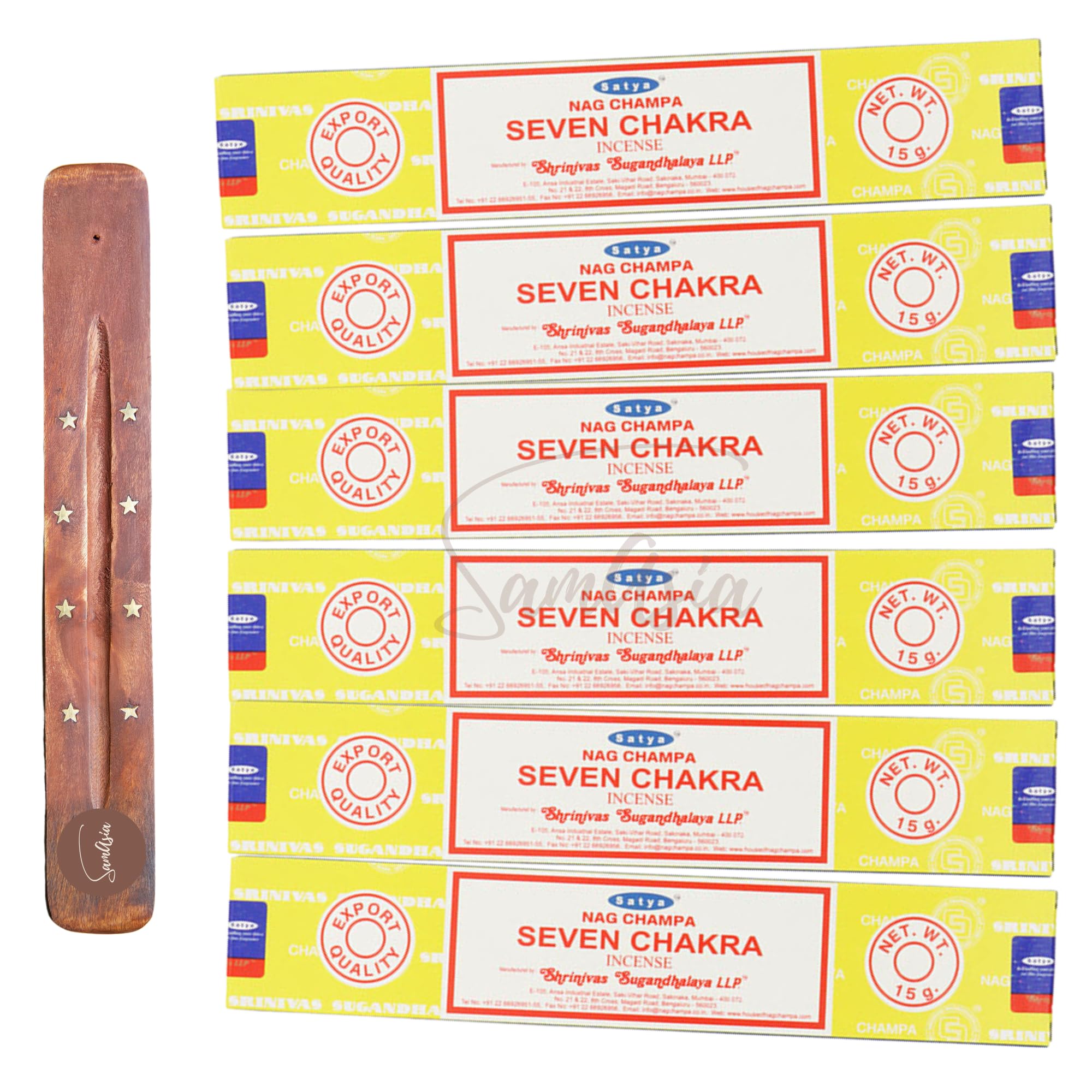 Satya Nag Champa Seven Chakra Incense Sticks | x6 pack | with SAMASIA incense sticks holder | Used for Aromatherapy, Spa, Yoga, Weddings, Meditation, Healing, Positivity and Relaxation