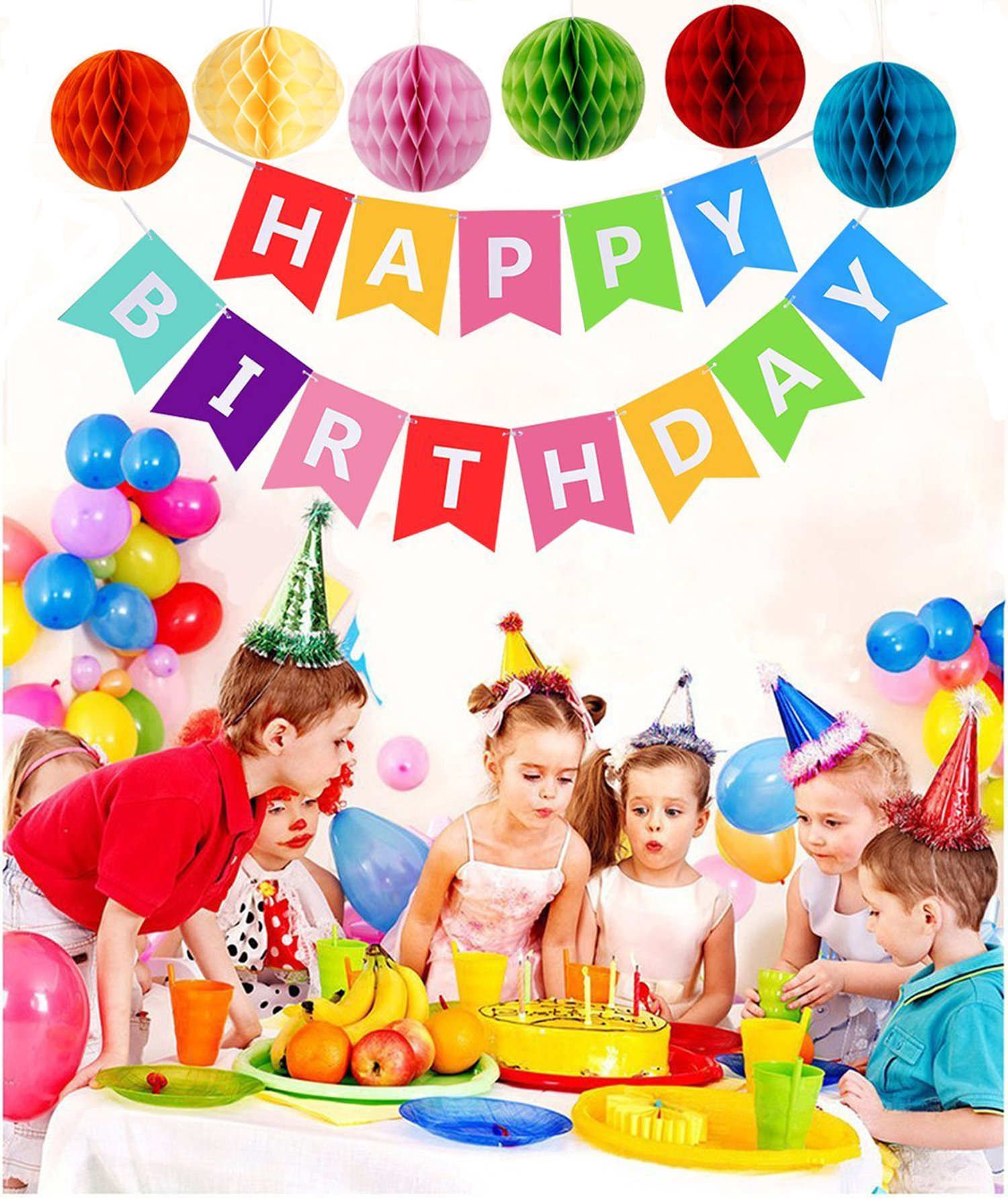 Kit Decorazione Festa di Compleanno, Striscione “Happy Birthday” con 6 Sfere a Nido d\'ape e una Decorazione di Carta Arcobaleno, Party kit