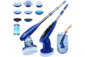 iKLYN 8-in-1 Electric Spin Scrubber, Fully Waterproof Cordless Power Cleaning Brush with LED Display, 2 Speed Settings, Extension Handle for Bathroom, Tubs, Shower, Kitchen, Tile, Sinks, Car, Floor