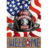 Covido Welcome Firefighters Helmet Decorative Garden Flag, Fireman Emergency Rescue Alert Fire Department Yard Outside Decorations, American Flag Memorial Outdoor Small Home Decor Double Sided 12x18