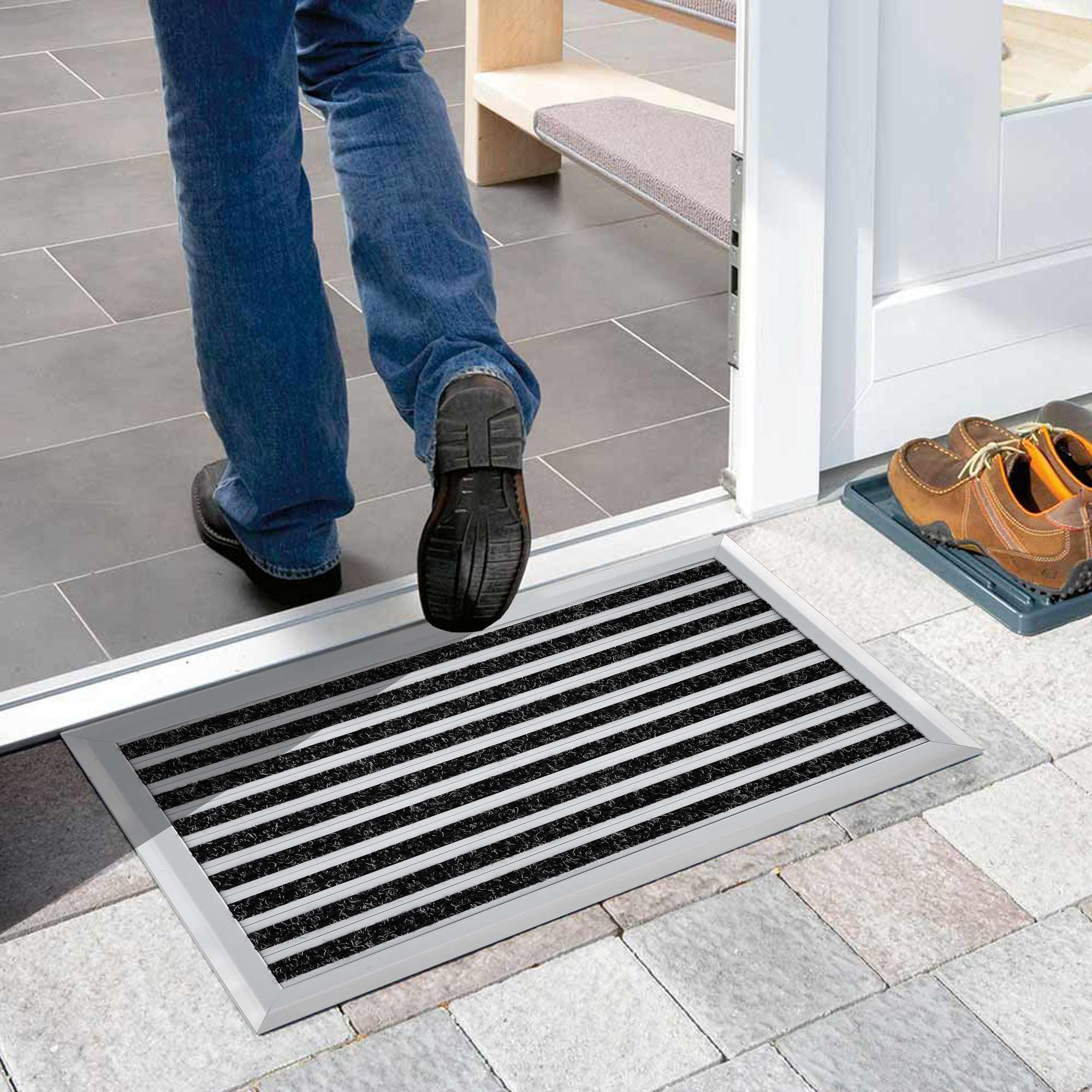 Nicoman Aluminium Barrier Dirt-Trapper Door Mat Metal Scrape Doormat, Ribbed Aluminum with Carpet