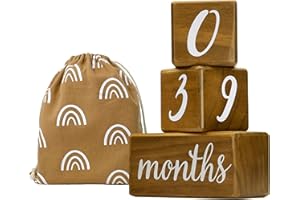 Pondering Pine Baby Milestone Blocks - Natural Pine Wood with Weeks Months Years Grade - Milestones Age Block Set with Boho Rainbow Bag, Newborn Weekly Monthly First Year Picture Props, Earth Friendly